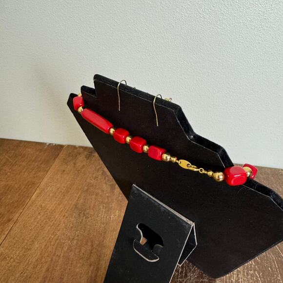 Artisan Made Red & Gold Bead statement necklace and dangle earring set - Picture 3 of 6